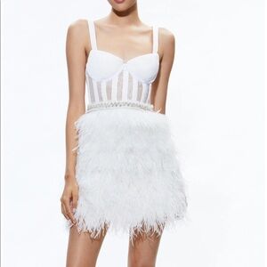 NEVER WORN Alicia & Olivia Shia Sheer Bustier Feather Dress